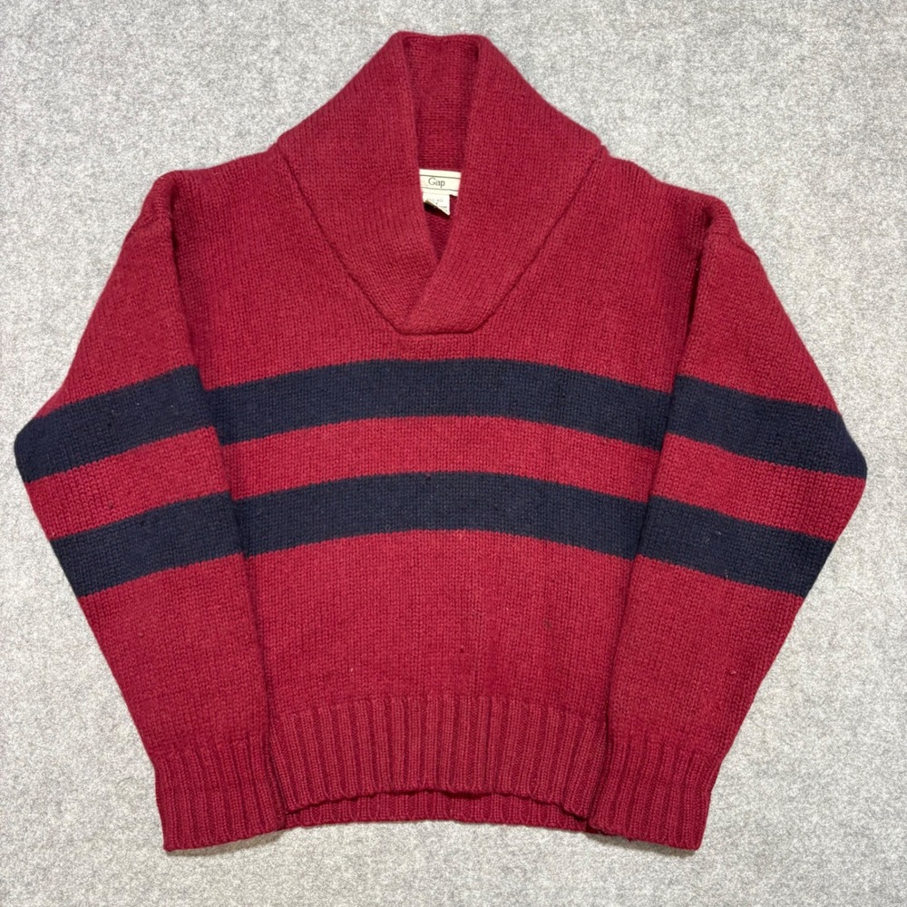 Vintage Gap Wool Shawl Collar Sweater Mens Medium Burgundy Navy Striped Knit